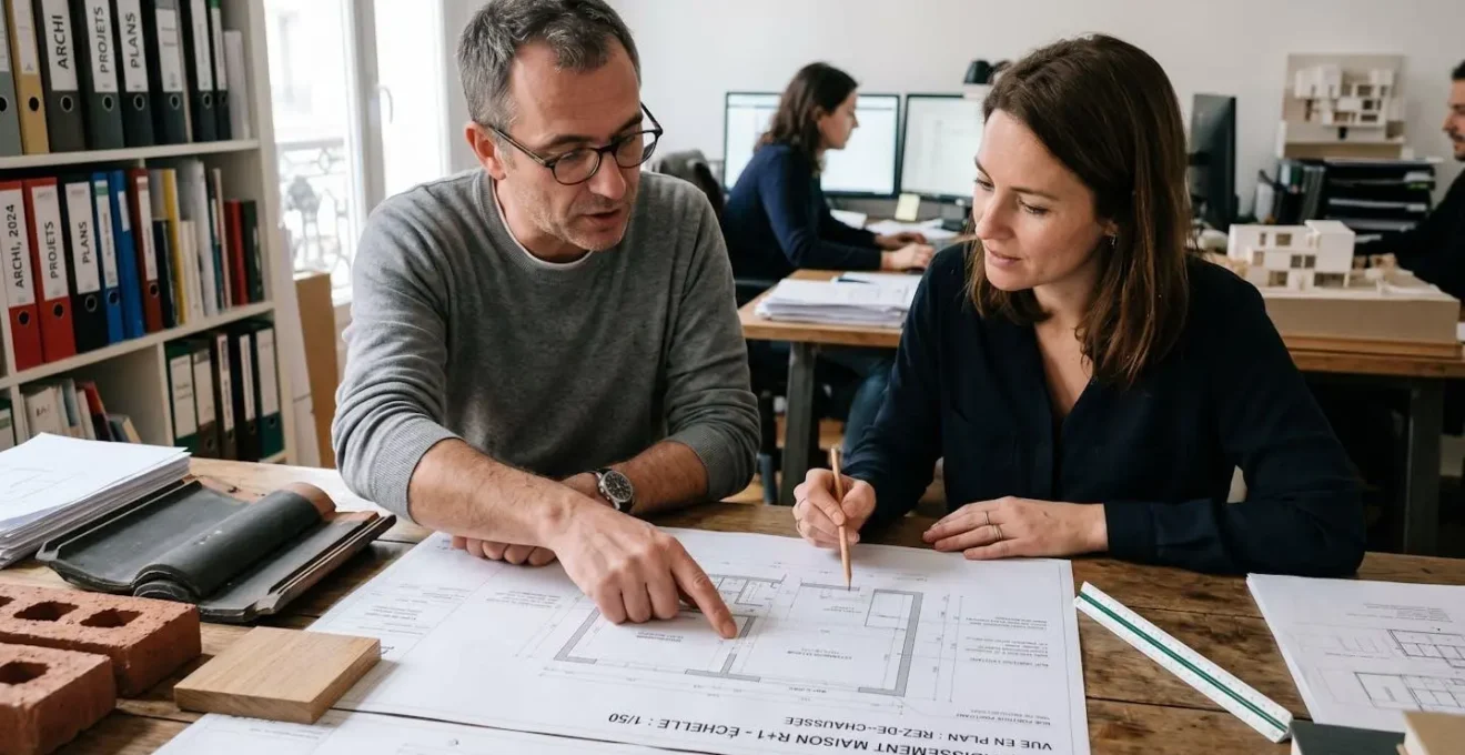 Architecte et cliente consultant des plans d'extension de maison sur table de travail avec échantillons de matériaux, dans un bureau d'études en France