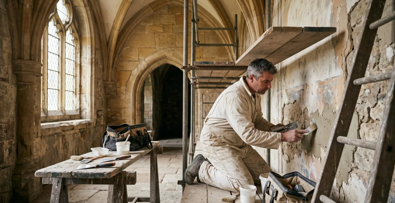 Artisan en combinaison blanche effectuant la préparation minutieuse d'un mur ancien dans un bâtiment historique, entouré d'échafaudages et d'équipements spécialisés