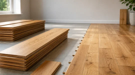 Cartons de plancher de bois franc empilés avec espacement dans une pièce résidentielle vide en préparation, hygromètre numérique au premier plan affichant température et taux d'humidité, lumière naturelle par fenêtre, intérieur québécois contemporain
