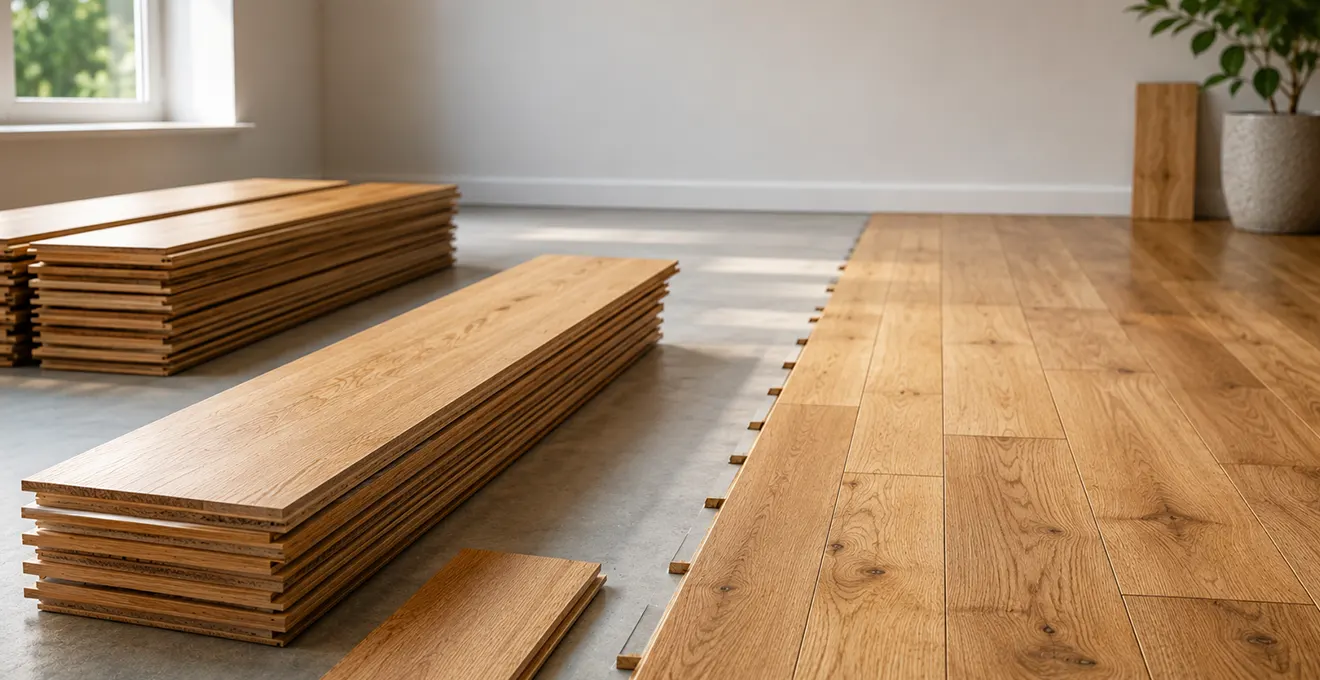 Cartons de plancher de bois franc empilés avec espacement dans une pièce résidentielle vide en préparation, hygromètre numérique au premier plan affichant température et taux d'humidité, lumière naturelle par fenêtre, intérieur québécois contemporain