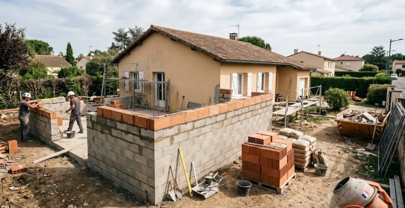 Chantier d'extension latérale d'une maison individuelle en région toulousaine avec murs en maçonnerie en cours d'élévation, matériaux de construction au premier plan et maison existante en arrière-plan