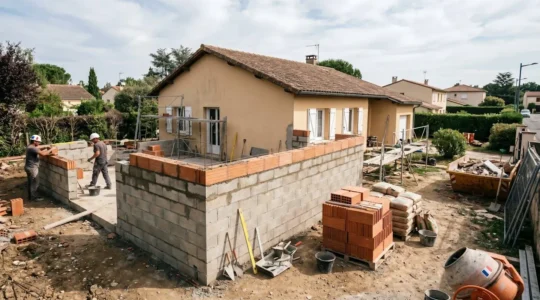 Chantier d'extension latérale d'une maison individuelle en région toulousaine avec murs en maçonnerie en cours d'élévation, matériaux de construction au premier plan et maison existante en arrière-plan