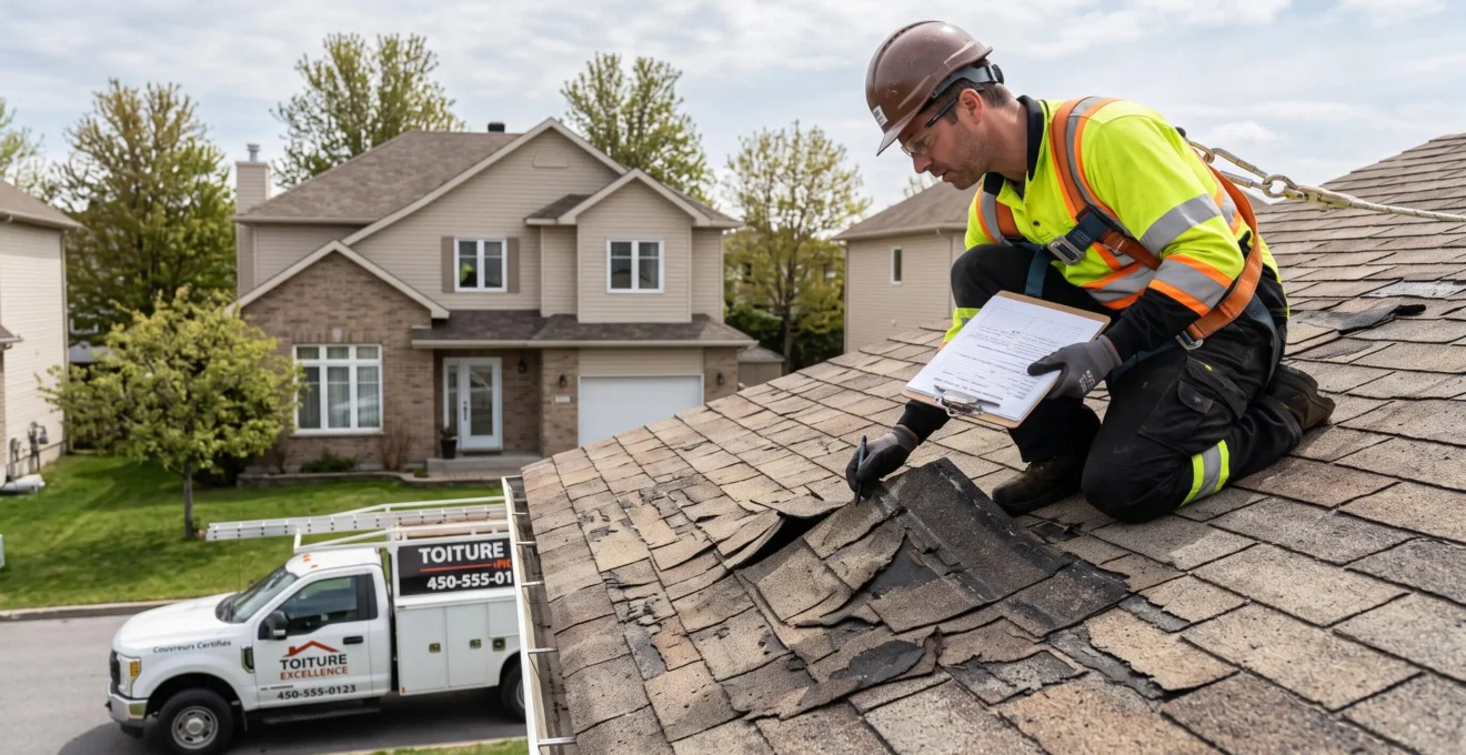 Couvreur certifié en équipement de sécurité complet inspectant de près des bardeaux d'asphalte endommagés sur une toiture résidentielle québécoise, avec maison typique et arbres en arrière-plan