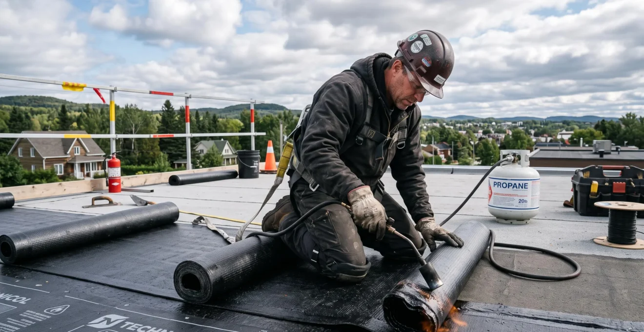 Couvreur professionnel installant une membrane élastomère noire sur un toit plat résidentiel au Québec, avec chalumeau et équipement de sécurité