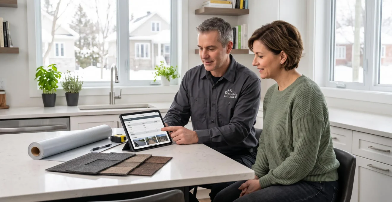 Couvreur professionnel et propriétaire examinant ensemble une soumission détaillée sur tablette numérique, avec échantillons de bardeaux et membrane posés sur table de cuisine résidentielle