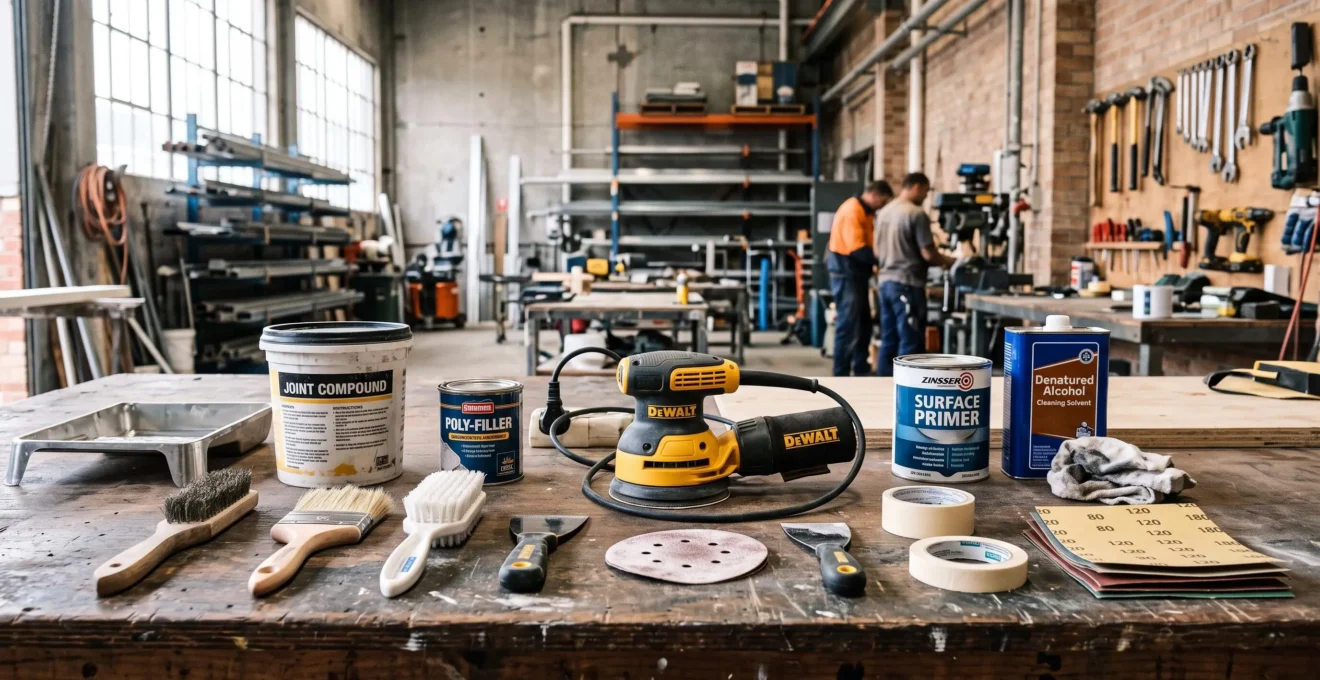 Établi d'atelier présentant de façon organisée les outils professionnels pour la préparation de surfaces : ponceuse, brosses, enduits de rebouchage, sous-couches et produits de nettoyage