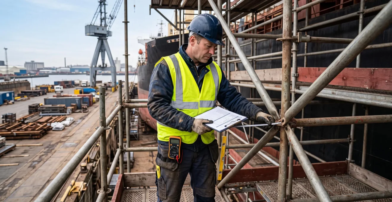 Expert en sécurité réalisant un contrôle technique réglementaire sur une structure d'échafaudage dans un chantier naval
