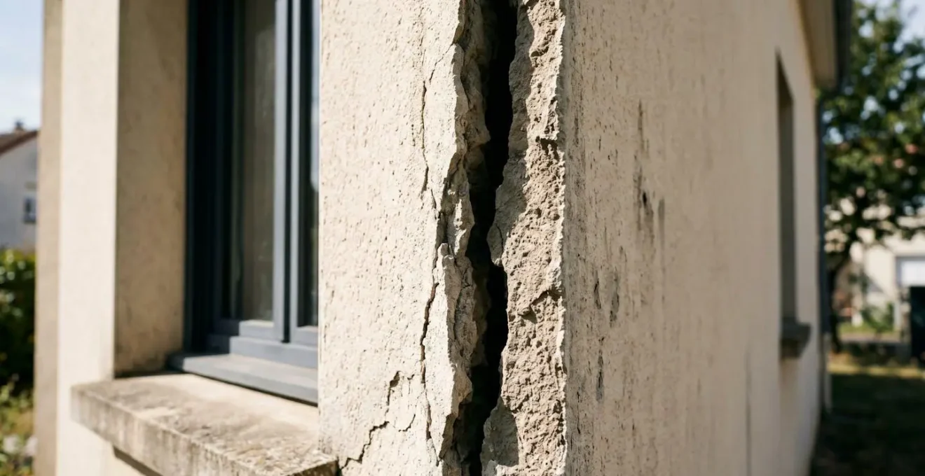Fissure structurelle verticale large et profonde sur façade crépi beige d'une maison individuelle en France, texture endommagée du crépi visible de part et d'autre de l'ouverture