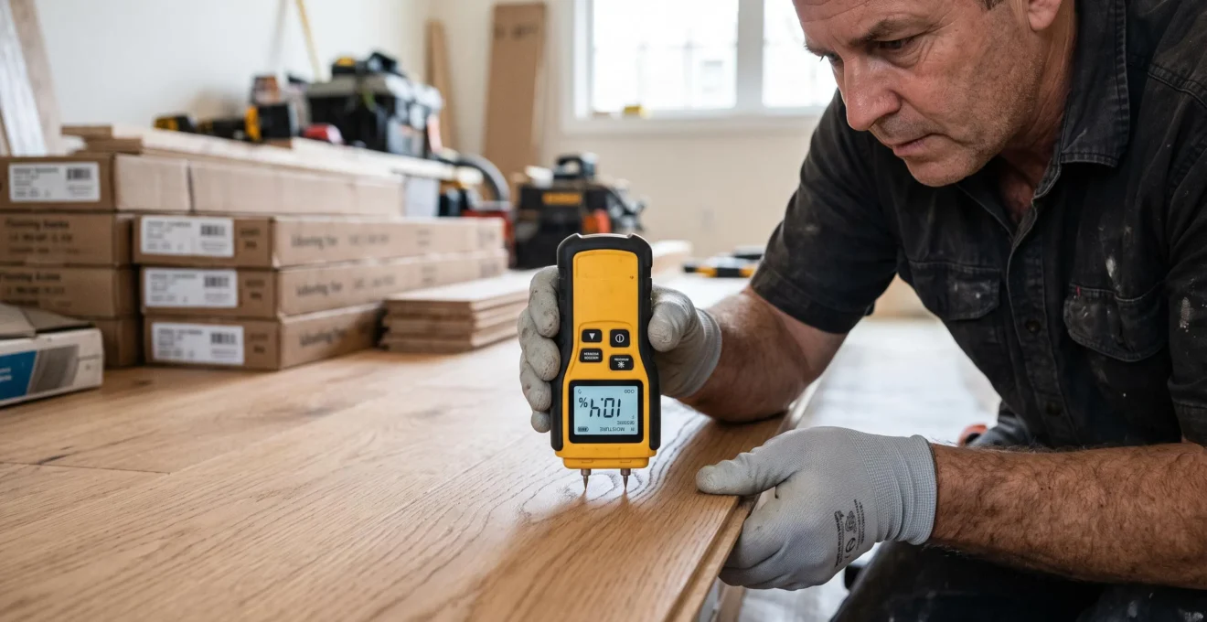 Mains d'installateur professionnel utilisant hygromètre numérique à pointes sur planche de bois franc, écran affichant mesure de taux d'humidité, chantier résidentiel en arrière-plan
