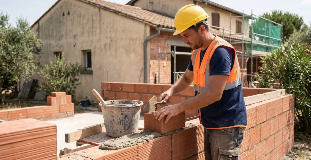 Maçon professionnel appliquant du mortier sur un mur d'extension en briques rouges sur un chantier en région toulousaine