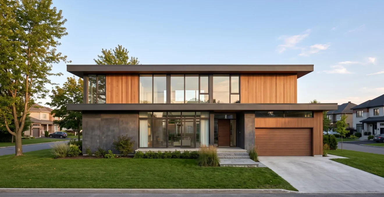 Maison contemporaine à toit plat dans un quartier résidentiel du Québec, avec façade en béton et bois, grandes fenêtres et lignes architecturales horizontales épurées