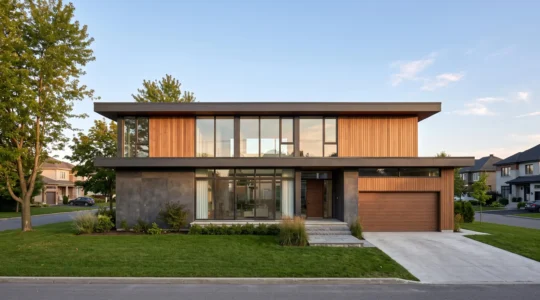 Maison contemporaine à toit plat dans un quartier résidentiel du Québec, avec façade en béton et bois, grandes fenêtres et lignes architecturales horizontales épurées