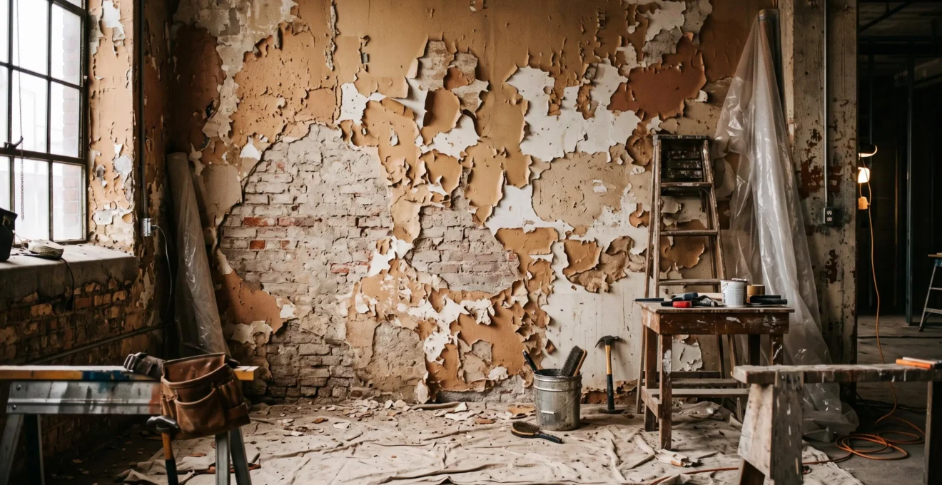 Mur intérieur présentant d'importantes zones d'écaillage de peinture révélant les couches inférieures, dans un environnement de chantier de rénovation avec outils et protections visibles