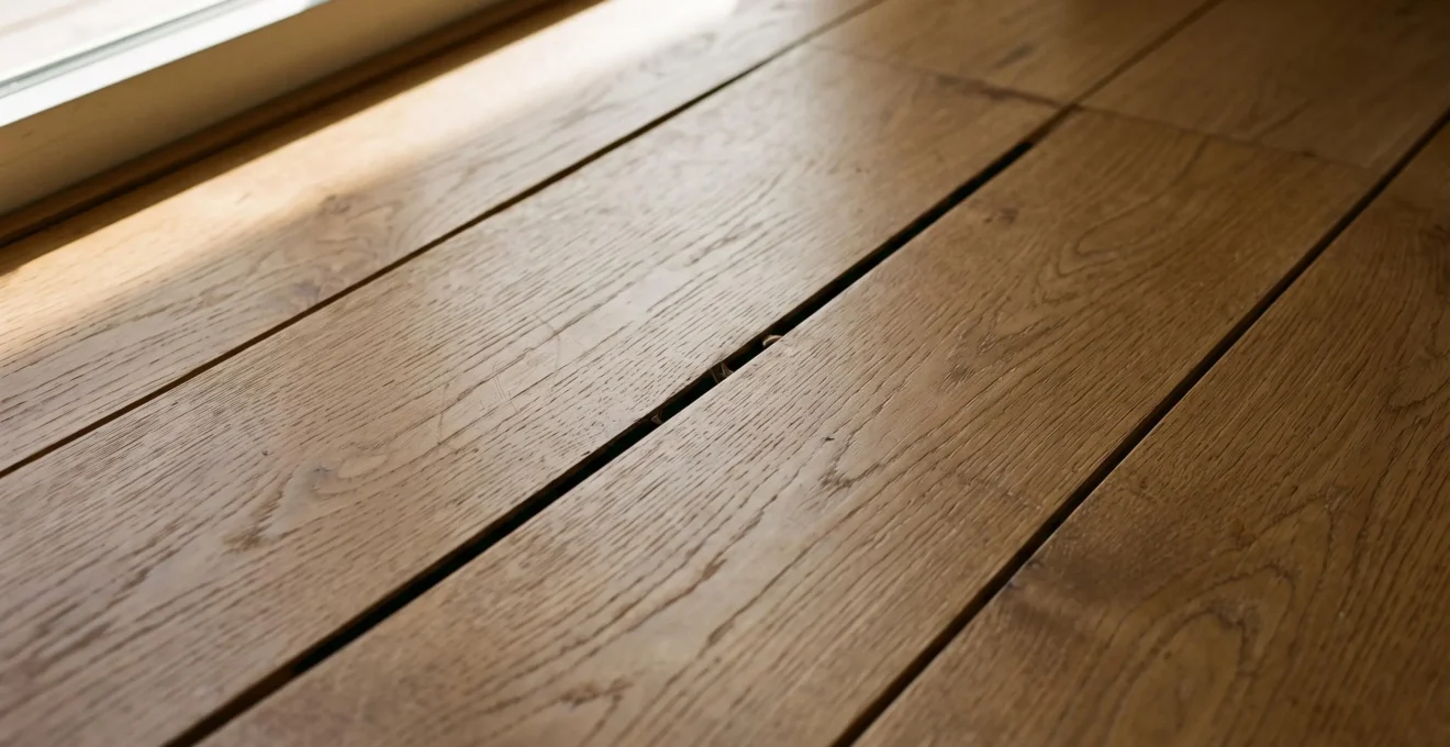 Gros plan sur plancher de bois franc montrant joints visibles de 3 à 5 millimètres entre quatre planches parallèles, lumière rasante accentuant les écarts