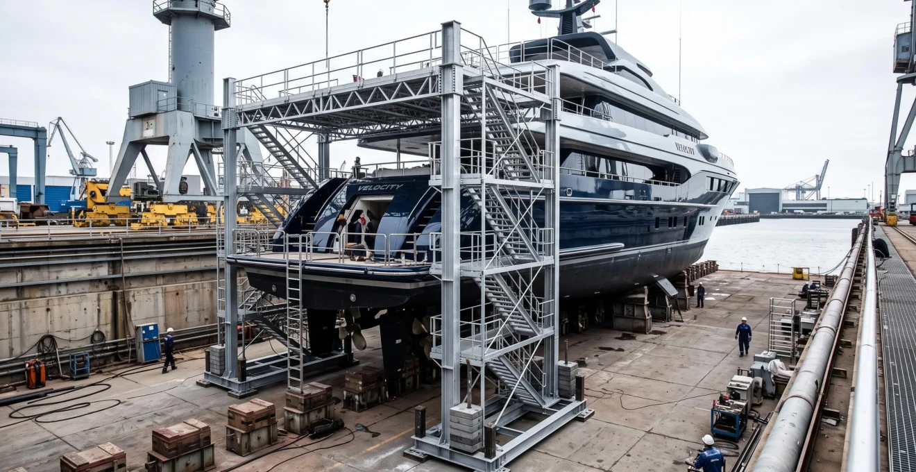 Structure d'échafaudage autostable installée le long de la coque d'un yacht en cale sèche, montrant les contrepoids métalliques et l'absence d'ancrage sur la surface du bateau