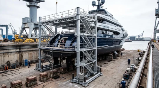 Structure d'échafaudage autostable installée le long de la coque d'un yacht en cale sèche, montrant les contrepoids métalliques et l'absence d'ancrage sur la surface du bateau