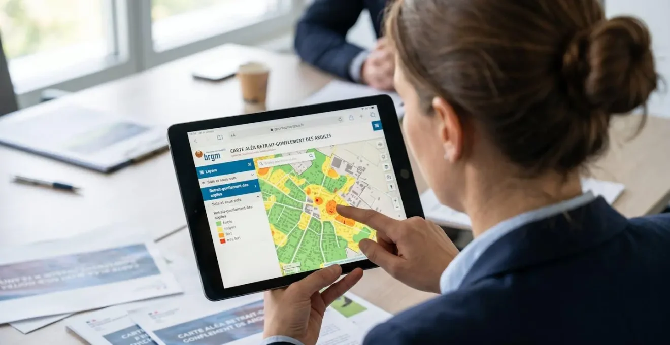Tablette affichant la carte BRGM georisques.gouv.fr avec zones colorées d'aléa retrait-gonflement des argiles sur une commune française, main pointant une zone spécifique sur l'écran tactile