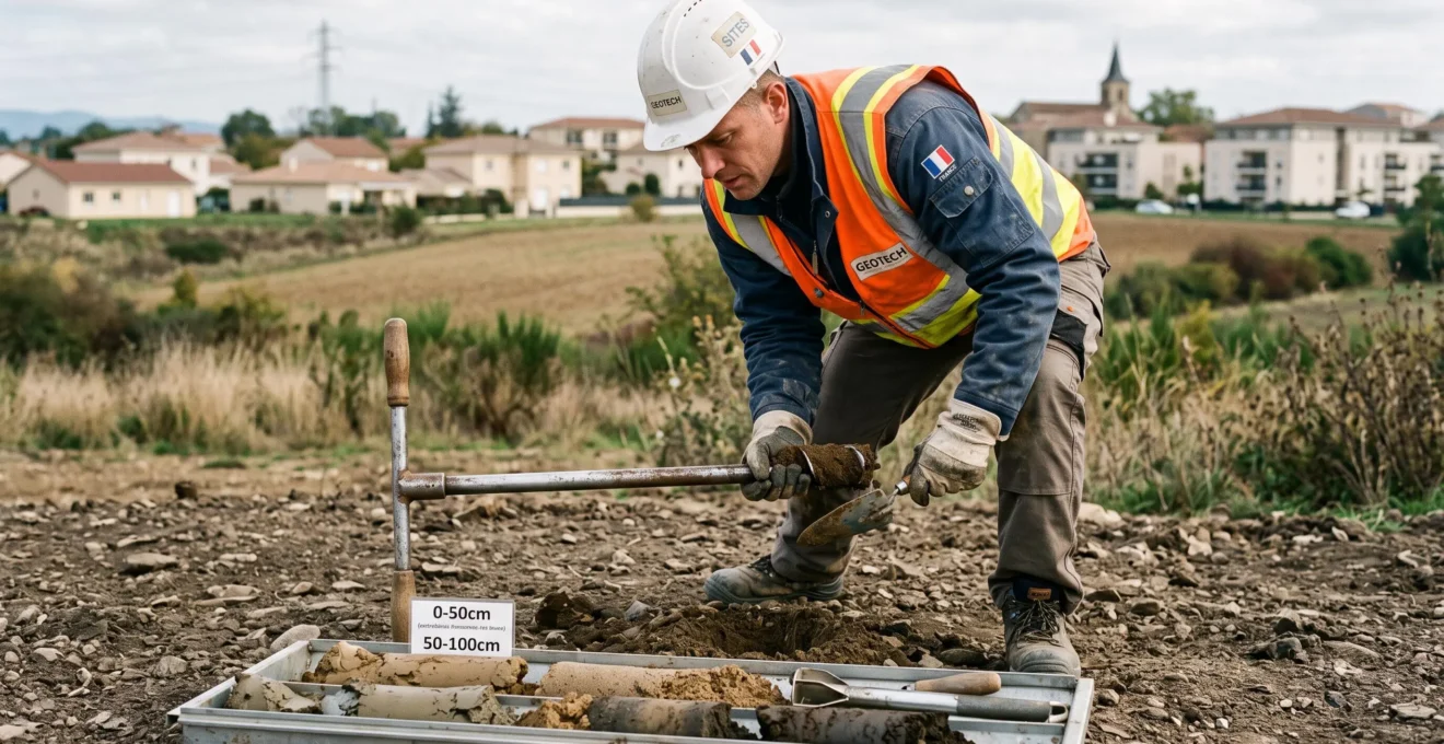 Technicien géotechnicien équipé d'un casque et gilet de sécurité réalisant un sondage à la tarière sur un terrain nu en France, échantillons de sol stratifié visibles au premier plan