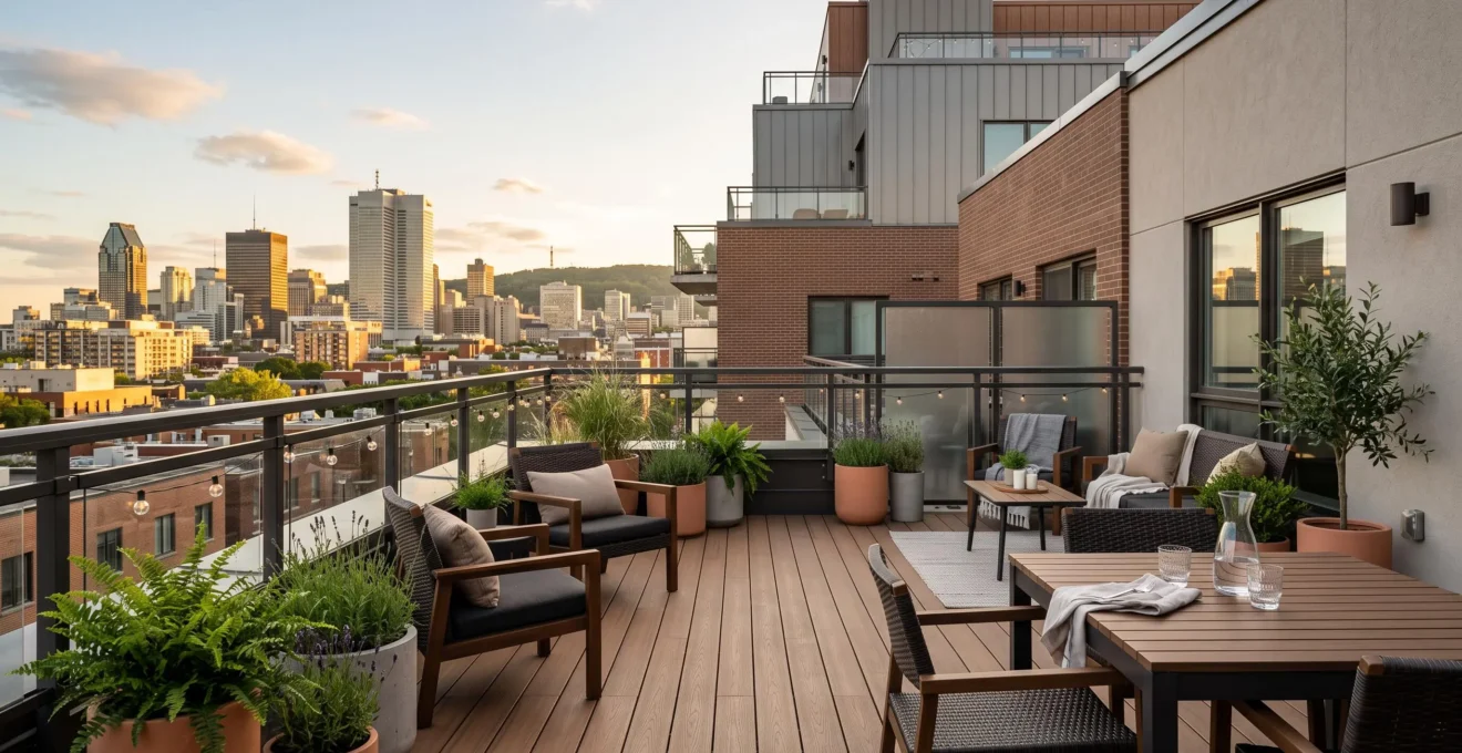 Terrasse aménagée sur toit plat à Montréal avec mobilier extérieur contemporain, garde-corps sécuritaire et vue partielle sur le centre-ville
