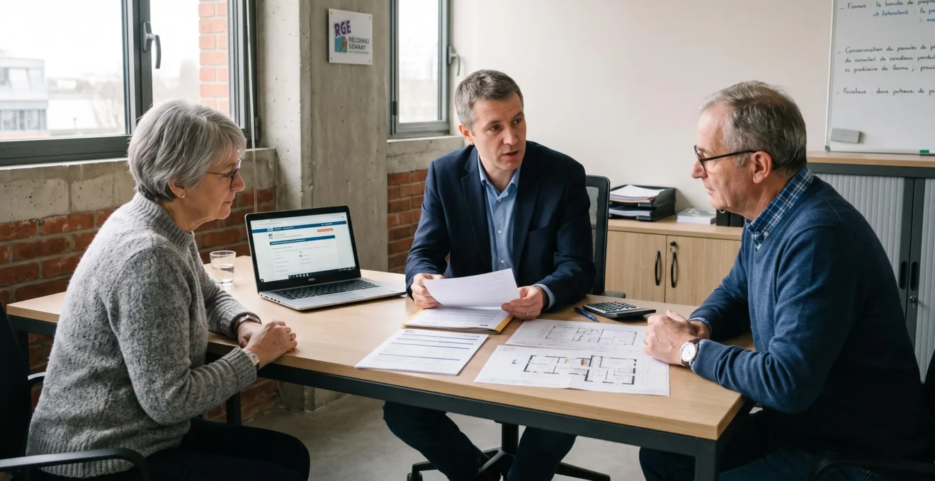 Conseiller énergétique RGE présentant dossier de demande MaPrimeRénov' Copropriété à couple de copropriétaires dans bureau professionnel, documents administratifs officiels et plans de bâtiment visibles sur table de travail