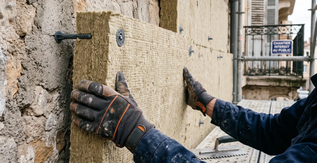 Mains d'ouvrier qualifié en gants de travail installant un panneau d'isolation thermique rigide sur façade de bâtiment, outils de pose professionnels et texture du matériau isolant visibles