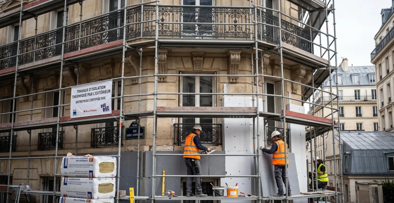 Ouvriers certifiés RGE installant des panneaux d'isolation thermique par l'extérieur sur la façade d'un immeuble parisien, échafaudage métallique et matériaux isolants visibles au premier plan