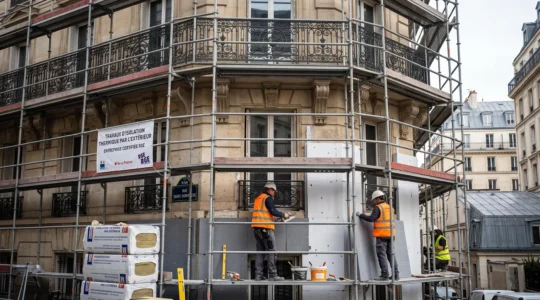 Ouvriers certifiés RGE installant des panneaux d'isolation thermique par l'extérieur sur la façade d'un immeuble parisien, échafaudage métallique et matériaux isolants visibles au premier plan