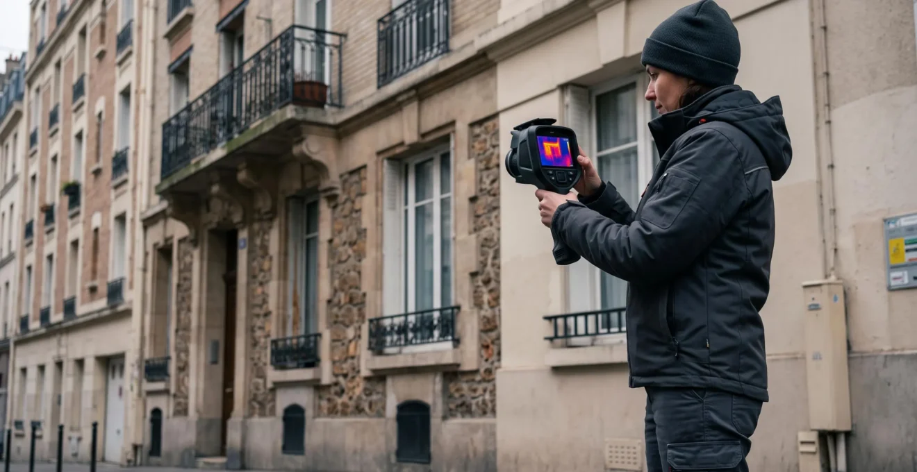 Technicien diagnostiqueur énergétique utilisant une caméra thermique infrarouge FLIR pour analyser les déperditions thermiques d'une façade d'immeuble, écran de la caméra montrant cartographie en fausses couleurs