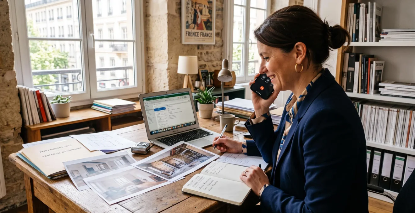 Un courtier en travaux analyse des dossiers et téléphone au bureau.