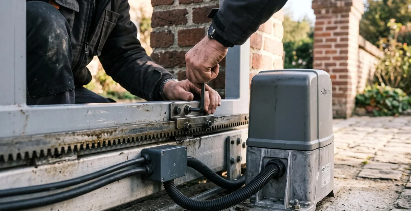 Un technicien fixe la crémaillère du moteur d'un portail coulissant avec une clé hexagonale.