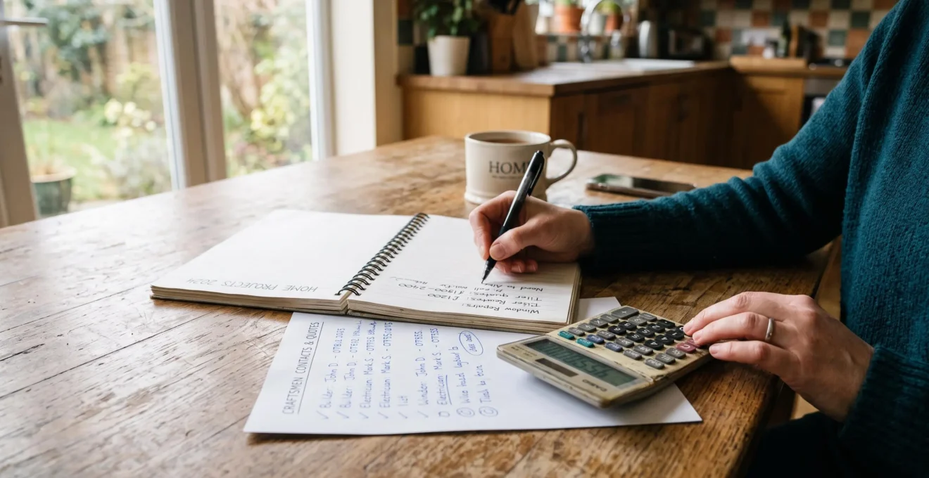 Des mains prennent des notes pour comparer des artisans sur une table de cuisine.