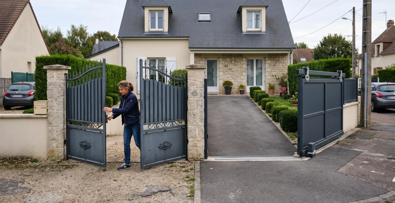 Deux portails d'entrée différents, un battant ouvert et un coulissant, devant des maisons françaises.