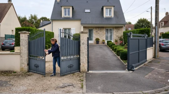 Deux portails d'entrée différents, un battant ouvert et un coulissant, devant des maisons françaises.