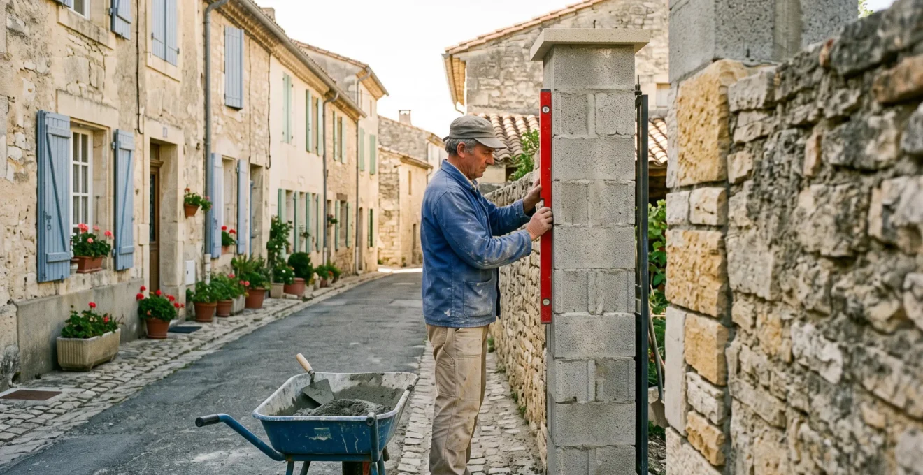 Un maçon vérifie l'alignement vertical d'un pilier de portail le long d'une limite de propriété.