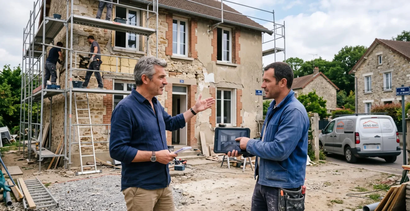 Un propriétaire et un artisan échangent devant une maison en travaux.
